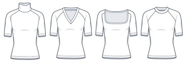 Raglan Kollu T-Shirt teknik moda illüstrasyonu. Slim Fit moda düz çizim şablonu, yuvarlak boyun, yuvarlak boyun, kare boyun, v yaka, ön manzara, beyaz, kadın Top CAD model seti.