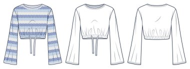 Ekin Tepesi 'nin düz moda çizim şablonu. Bell Kollu Süveter Teknik Moda İllüstrasyonu, yuvarlak boyun, gevşek formda bel, ön, arka görüş, beyaz, mavi, kadınlar, erkekler, unisex CAD model seti.
