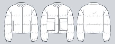 Kesilmiş Ceket Teknik Moda İllüstrasyonu. Unisex Hafif Ceket moda düz çizim şablonu, cep, düğmeler, ön ve arka görünüm, beyaz, kadın, erkek, unisex CAD model seti.