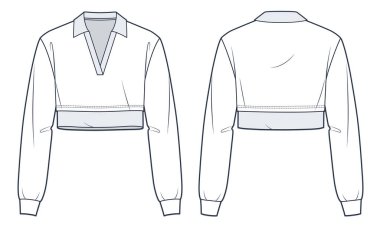 Polo Shirt teknik moda illüstrasyonu. Kırpılmış Polo Shirt moda düz çizim şablonu, uzun kollu, v yaka, gevşek forma, ön ve arka görüş, beyaz ve gri, kadınlar, erkekler, unisex Top CAD modeli.