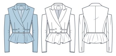 Kes Blazer teknik moda illüstrasyonu. Kesilmiş ceket fermuarlı peerum moda düz çizim şablonu, çift göğüslü, arka ve ön görüşlü, beyaz, mavi, kadın CAD model seti.