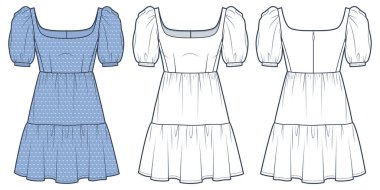  Kare Boyunlu Teknik Moda Çizimi, mavi desenli. Sıralı moda düz çizim şablonu, mini boy, kabarık kol, ön ve arka görünüm, beyaz, kadın CAD model seti.