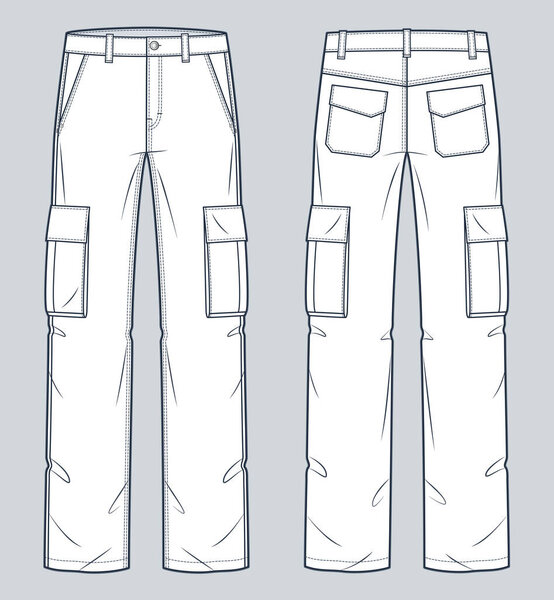 Cargo Pants technical fashion Illustration. Pants fashion flat technical drawing template, pockets, front and back view, white, women, men, unisex CAD mockup set.
