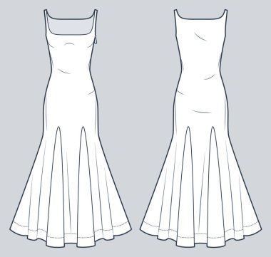 Godet Maxi Elbise Teknik Moda İllüstrasyonu. Kare yaka, düz giyimli düz çizim şablonu, dar kesim, yan fermuar, ön ve arka görünüm, beyaz, kadın CAD modeli..