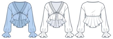 Ruffle Crop Top Teknik Moda İllüstrasyonu. Balon kollu bluz düz teknik çizim şablonu, v yaka, papyon, peplum, ön ve arka görüş, beyaz, mavi, kadın Top CAD model seti.