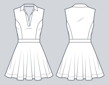 Polo Elbisesi Teknik Moda İllüstrasyonu. Fişek Düz Teknik Şablon, kolsuz, v yaka, mini boy, ön ve arka görüş, beyaz, kadın Forması CAD.
