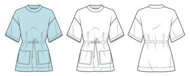 Drawstring T-Shirt moda düz çizim şablonu. Tunik elbise moda tasviri, cep, kravat kemeri, büyük boy, ön ve arka görünüm, beyaz, yeşil, kadın CAD model seti.