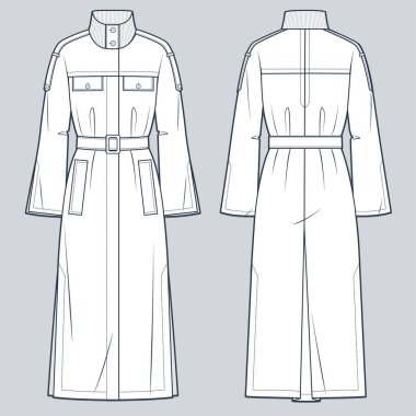 Trench Coat Teknik Moda İllüstrasyonu. Deri ceket düz teknik çizim şablonu, alevli raglan kol, cepler, ön ve arka görüş, beyaz, kadın, erkek, unisex CAD modeli.
