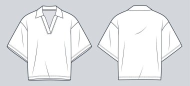 Polo Shirt teknik moda illüstrasyonu. Kesilmiş Top Top moda düz çizim şablonu, kısa kollu, polo yaka, v yaka, büyük boy, ön ve arka görünüm, beyaz, kadın, erkek, unisex CAD modeli.