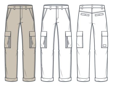 Kargo Pantolonu Teknik Moda İllüstrasyonu. Denim Pants moda düz çizim şablonu, cepler, ön ve arka görünüm, beyaz, bej, kadınlar, erkekler, unisex CAD model seti.