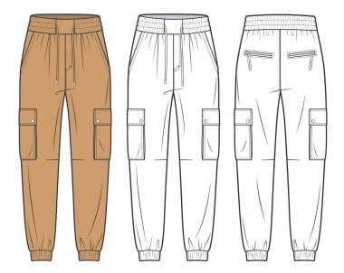 Deri Koşu Pantolonu Teknik Moda İllüstrasyonu. Denim Pants moda düz çizim şablonu, cepler, elastik bel, ön ve arka görüş, beyaz, deve kahverengisi, kadınlar, erkekler, unisex CAD model seti. 
