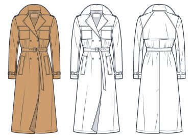 Trench Coat Teknik Moda İllüstrasyonu. Klasik Trench Coat moda düz çizim şablonu, midi boy, çift göğüslü, cepler, ön ve arka görüş, beyaz, deve kahverengi, kadınlar, erkekler, unisex CAD model seti.