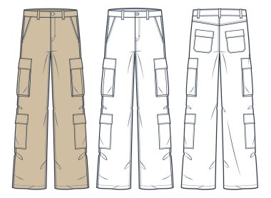 Kargo Pantolonu Teknik Moda İllüstrasyonu. Denim Pants moda düz çizim şablonu, cepler, ön ve arka görünüm, beyaz, bej, kadınlar, erkekler, unisex CAD model seti.