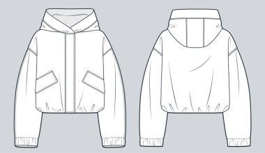 Kapüşonlu Ceket Teknik Moda İllüstrasyonu. Unisex Naylon Ceket Düz Teknik Şablon, cep, kaput, büyük boy, ön ve arka görünüm, beyaz, kadın, erkek, unisex CAD modeli.