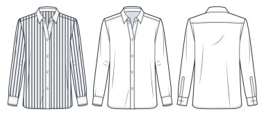 Çizgili gömlekli teknik tasvirler. Klasik Shirt moda düz çizim şablonu, düğme, gevşek forma, ön, arka görüş, beyaz, kadın, erkek, unisex CAD model seti.
