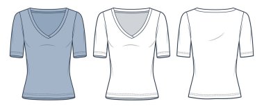 Slim Fit tişörtü teknik moda illüstrasyonu. Yarı Kol Tişört moda düz çizim şablonu, v yaka, ön ve arka görüş, beyaz, mavi, kadın CAD model seti.