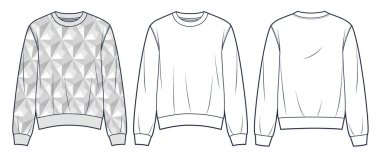  Sweatshirt teknik moda illüstrasyonu, geometrik tasarım. Süveter moda düz çizim şablonu, gevşek forma, ön ve arka görünüm, beyaz, gri renk, kadınlar, erkekler, unisex Top CAD model seti.