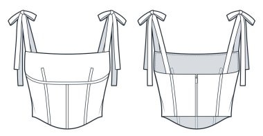 Düğümlü Büstiyer Üst Teknik Moda İllüstrasyonu. Korse moda düz çizim şablonu, kayışlar, arka fermuar, ön ve arka görüş, beyaz, kadın CAD modeli.