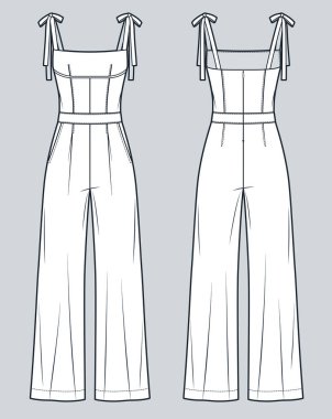 Tulum teknik tasviri. Geniş bacaklı tulum düz çizim şablonu, kayışlar, arka fermuar, ön ve arka görüş, beyaz, kadın CAD modeli..