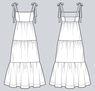  Tiered Maxi Dress technical fashion illustration. Knot Strap Dress fashion flat technical drawing template, bustier, relaxed fit, front and back view, white, women CAD mockup set. clipart