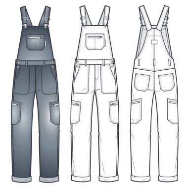 Denim Jumpsuit düz teknik çizim şablonu. Dungaree teknik moda illüstrasyonu, tam boy, cepler, büyük boy, ön, arka görüş, beyaz, gri, kadın, erkek, unisex CAD model seti.