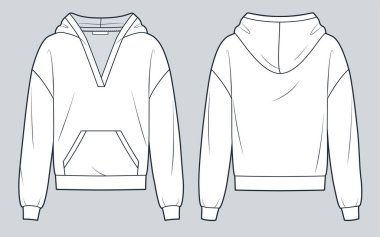  Kapüşonlu teknik moda illüstrasyonu. Sweatshirt moda düz çizim şablonu, rahat fit, cep, ön ve arka görünüm, beyaz, kadın, erkek, unisex Top CAD modeli.