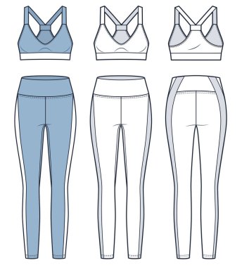 Spor sutyeni ve tayt seti. Teknik moda illüstrasyonu. Deri taytlar, Crop Top moda düz çizim şablonu, dar kesim, ön ve arka görünüm, beyaz, mavi, kadın CAD model seti.