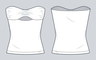  Off Shoulder Top technical fashion illustration. Bustier Top fashion flat technical drawing template, draped, slim fit, front and back view, white, women CAD mockup. clipart