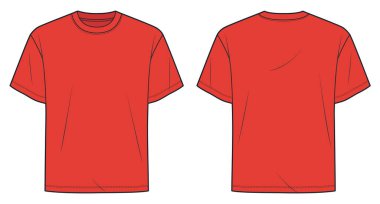 Temel tişört, düz teknikli tasarım şablonu. Unisex T-Shirt teknik moda illüstrasyonu, rahat forma, ön ve arka görüş, kırmızı, kadın, erkek, unisex CAD model seti.