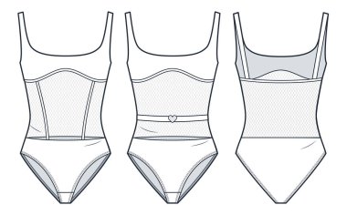 Vücut giysisi teknik moda illüstrasyonu. Mayo moda düz çizim şablonu, kare boyun, ağ, ince uyum, ön ve arka görüş, beyaz, kadın CAD model seti.
