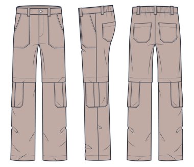 Kargo Pantolonu Teknik Moda İllüstrasyonu. Denim Pants moda düz çizim şablonu, cepler, elastik bel, ön, yan ve arka görüş, kahverengi renk, kadınlar, erkekler, unisex CAD model seti.