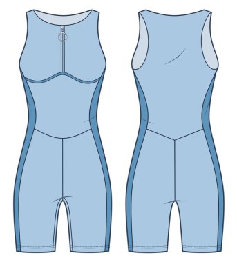 Sports Bodysuit technical fashion illustration. One Piece Swimsuit fashion flat technical drawing template, zipper, slim fit, front and back view, blue, women Sportswear CAD mockup. clipart