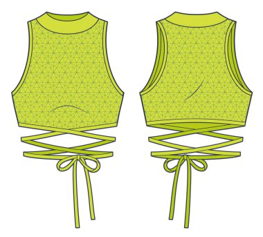 Crop Top Teknik Moda İllüstrasyonu. Tie Top modayla ilgili düz çizim şablonu, yuvarlak boyun, ön düğüm, ince uyum, ön ve arka görüş, limon sarısı renk, kadın CAD modeli.