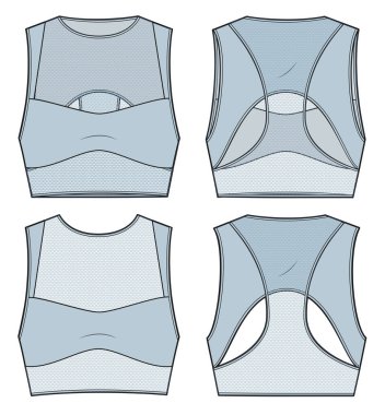 Spor sutyeni teknik moda illüstrasyonu. Ağ Kırpma Üst moda düz çizim şablonu, kesme, ön ve arka görünüm, hafif mavi renk, kadın CAD model seti.
