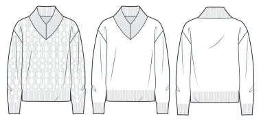  Süveter teknik moda illüstrasyonu. Kablo örgü süveter düz teknik çizim şablonu, gevşek forma, v yaka, ön ve arka görünüm, beyaz, kadın, erkek, unisex Top CAD model seti.
