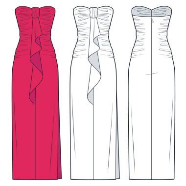 Maxi Dress 'in teknik moda illüstrasyonuna tecavüz etti. Büstiyer Elbise düz çizim şablonu, fırça, yan yarık, arka fermuar, ön ve arka görünüm, beyaz, morumsu renk, kadınlar CAD modelini giyin.