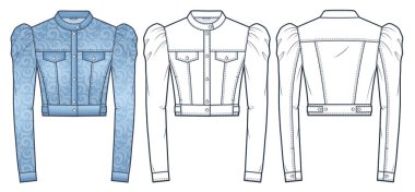 Denim Jacket teknik moda yanılsaması, çiçek desenleri. Kırpılmış Ceket moda düz çizim şablonu, düğmeler, cep, ince ayar, kabarık kol, ön ve arka görünüm, beyaz, mavi, kadın CAD model seti.