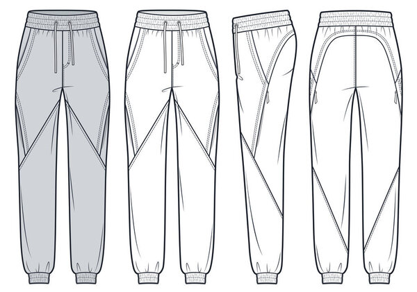 Jogger Pants fashion flat technical drawing template. Sweat Pants technical fashion Illustration, side pockets, elastic waistband, front, side and back view, white, grey, women, men, unisex Sportswear CAD mockup set.