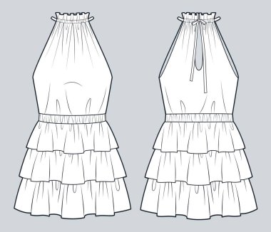  Layered Dress technical fashion illustration. Halter Dress fashion flat technical drawing template, mini length, elastic waistband, front and back view, white, women Dress CAD mockup. clipart
