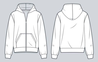  Kapüşonlu eşofman üstü teknik moda illüstrasyonu. Fermuarlı Ceket moda düz çizim şablonu, cep, rahat forma, ön ve arka görüş, beyaz, kadın, erkek, unisex spor giyim modelleme seti.