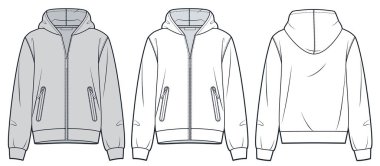  Fermuarlı Ceket Teknik Moda İllüstrasyonu. Kapüşonlu eşofman üstü düz çizim şablonu, cepler, rahat forma, ön ve arka görüş, beyaz, gri, kadın, erkek, unisex spor giyim modelleme seti.