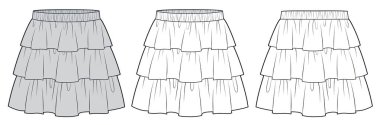 Katmanlı Etek Teknik Moda İllüstrasyonu. Kat etekli düz çizim şablonu, mini boy, elastik kemer, ön ve arka görüş, beyaz, kadın CAD modeli.