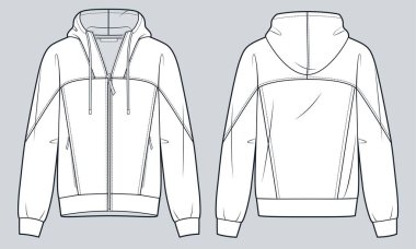  Kapüşonlu eşofman üstü teknik moda illüstrasyonu. Fermuarlı Ceket moda düz çizim şablonu, paçavra kol, cepler, rahat uyum, ön, arka görüş, beyaz, kadın, erkek, unisex CAD modeli.