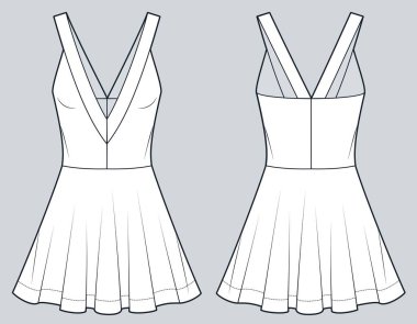  Tenis Elbisesi Teknik Moda İllüstrasyonu. İşaret fişeği Düz Teknik Şablon, Kolsuz, düşük boyun, mini boy, ön ve arka görüş, beyaz, kadın Forması CAD.