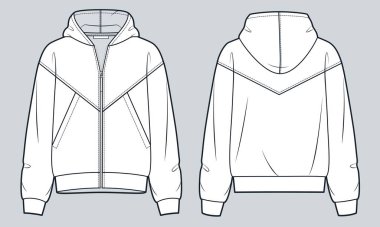  Fermuarlı Ceket Teknik Moda İllüstrasyonu. Kapüşonlu Sweatshirt moda düz çizim şablonu, cepler, büyük boy, ön ve arka görünüm, beyaz, kadın, erkek, unisex Top CAD modeli.