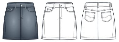  Denim Etek Teknik Moda İllüstrasyonu. Mini etek moda düz çizim şablonu, cepler, fermuar, ön ve arka görüş, beyaz, gri, kadın CAD model seti.