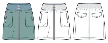  Fermuarlı Etek Teknik Moda Çizimi. Denim mini etek moda düz çizim şablonu, diz silueti, cepler, elastik bel, ön ve arka görüş, beyaz, yeşil, kadın CAD model seti.