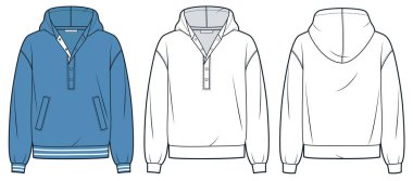 Kapüşonlu eşofman üstü teknik moda illüstrasyonu. Sweatshirt 'ün düğmelerini ilikle, düz teknik çizim şablonu, cepler, rahat forma, ön ve arka görünüm, beyaz, mavi, kadın, erkek, unisex CAD model seti.