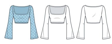  Crop Top teknik moda illüstrasyonu. Bell Coleve Shirt moda düz çizim şablonu, kare yaka, dar kesim, houndstooth desen, ön ve arka görünüm, beyaz, mavi, kadın CAD model seti.