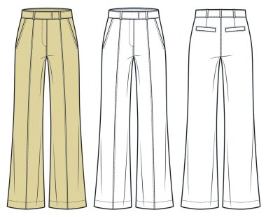 Klasik Pantolon Teknik Moda İllüstrasyonu. Geniş Pantolon Düz Teknik Şablon, ön şerit, ön ve arka görüş, beyaz, sarı, kadın, erkek, unisex CAD modelleme seti.